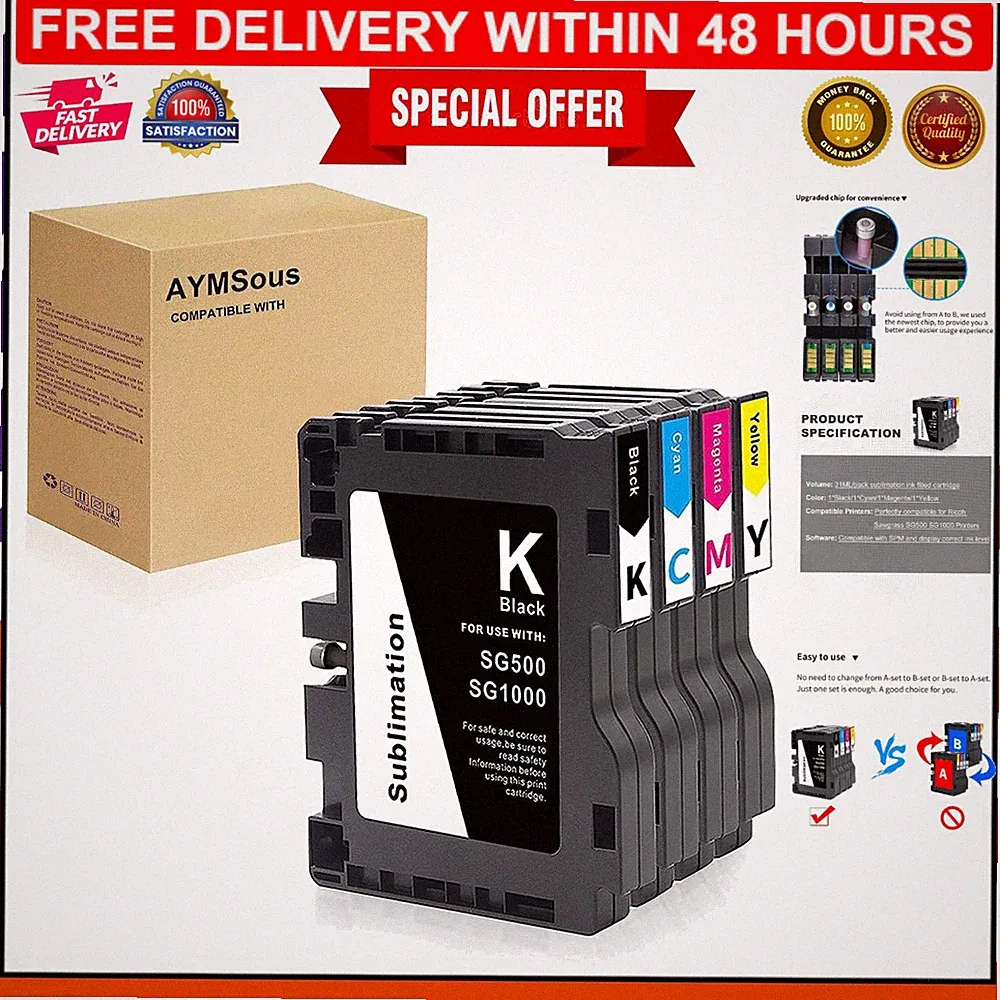 Aomya 4-Pack Sublimation Ink Cartridges for Sawgrass SG500/SG1000 with Upgrad...